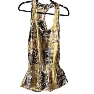 Multi Color Green Sleeveless Blouse w/ Rouching at Waist & racer back by Bebe S